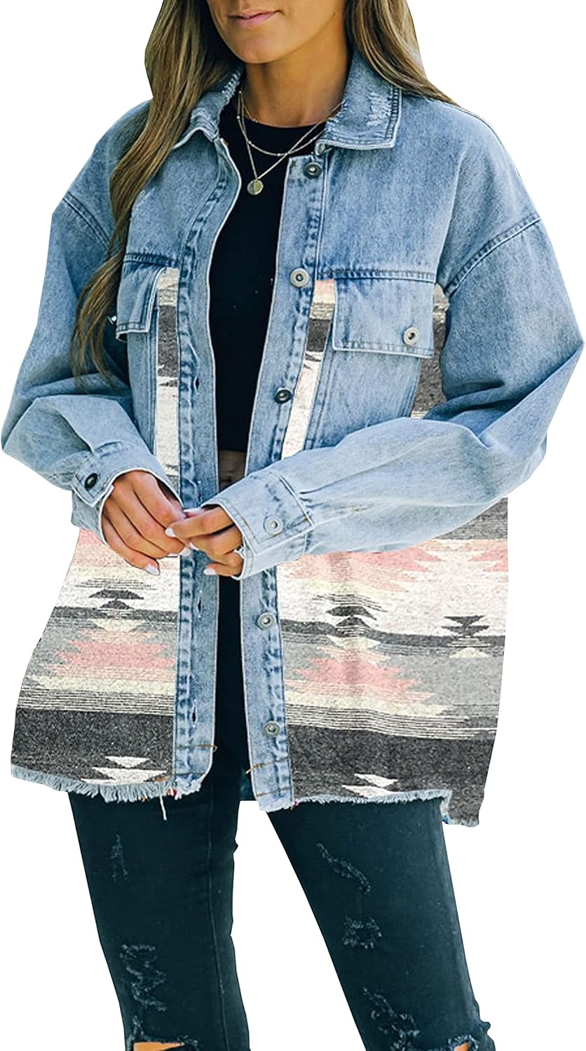 Lumister Women's Distressed Aztec Denim Jacket for All Seasons