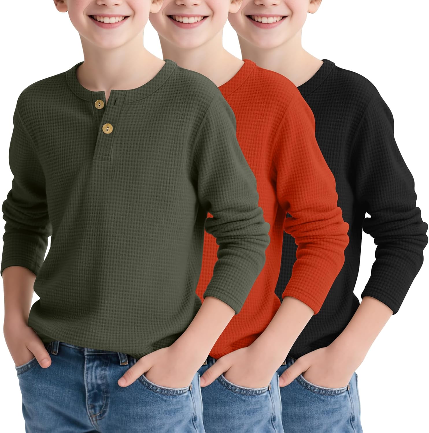 Boy's Henley Long Sleeve Shirts for School - 3 Pack Waffle Tops