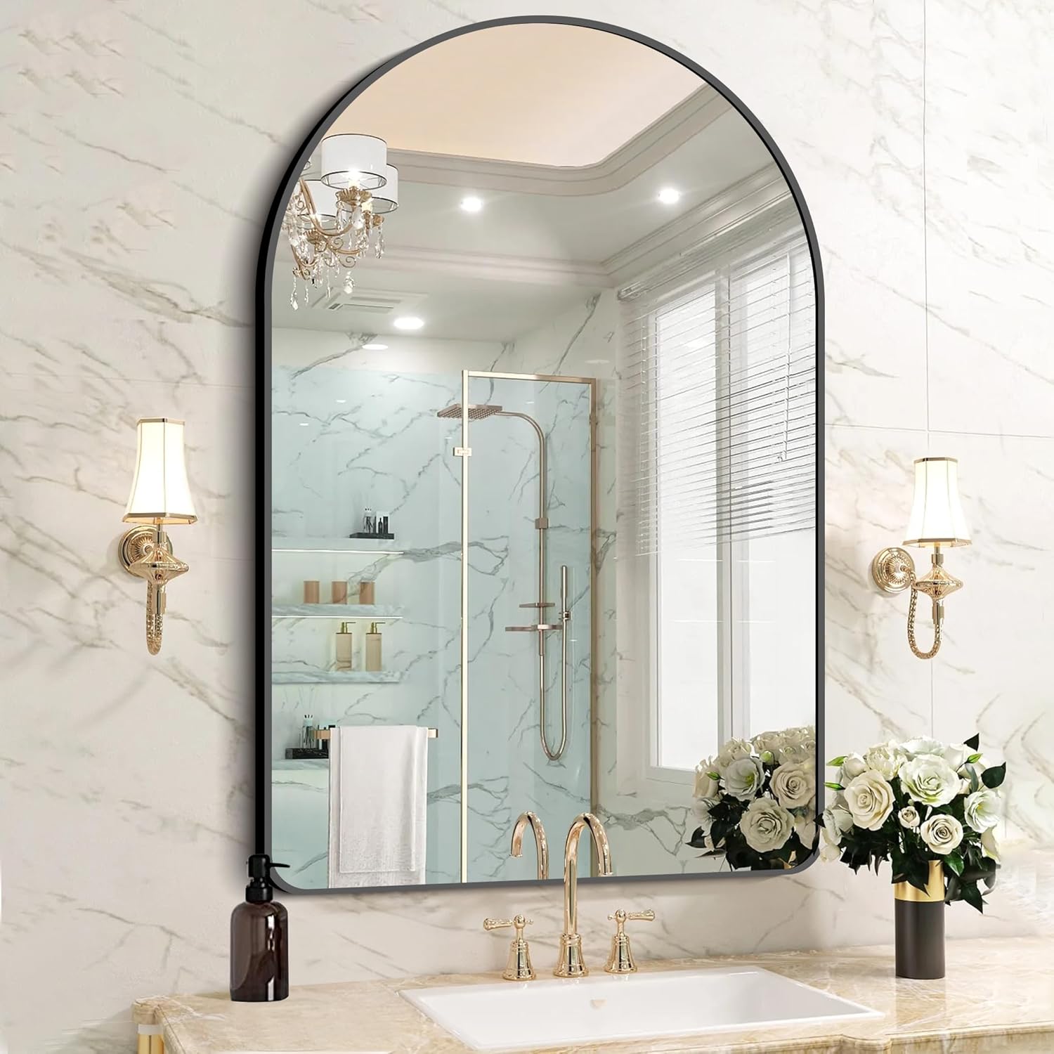 Arched Bathroom Mirror 32x48 Inch with Modern Black Frame