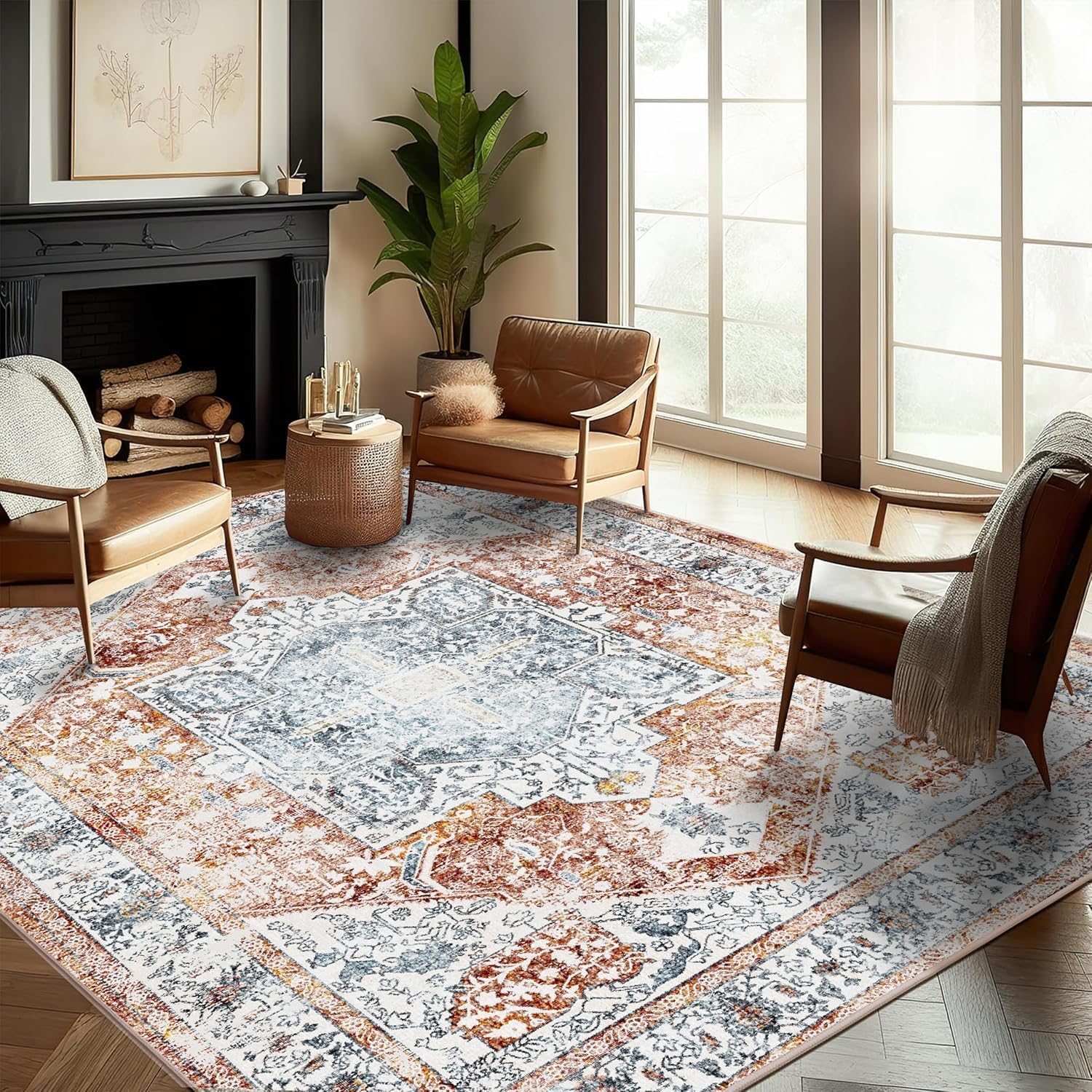 Vintage Traditional Area Rug 9x12 Washable Tangerine Mat