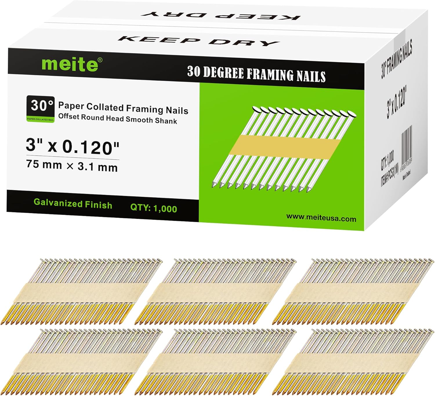 30 Degree Framing Nails for Nailers - 3-Inch Electro-Galvanized