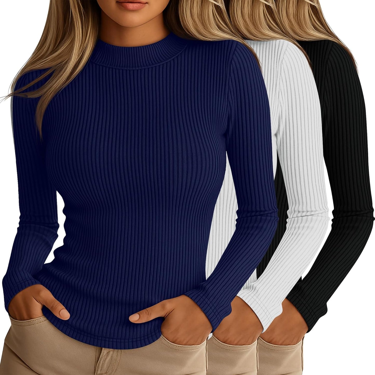 Riyiper Women's Ribbed Mock Turtleneck Long Sleeve Tops