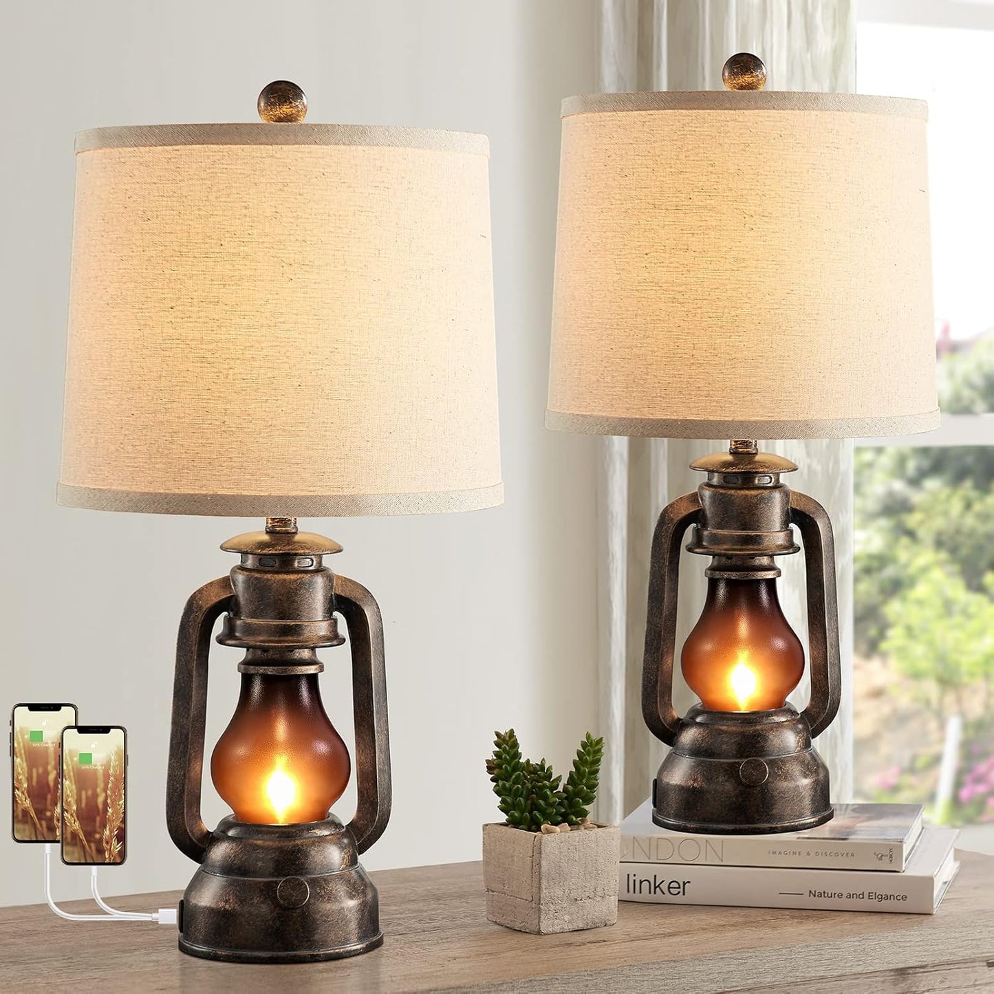 RORIANO Farmhouse Lantern Table Lamps Set of 2 with USB Ports