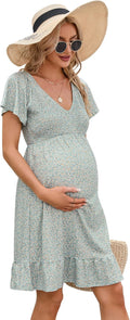 Maternity Ruffle Midi Dress V Neck - Flowy Smocked Bust