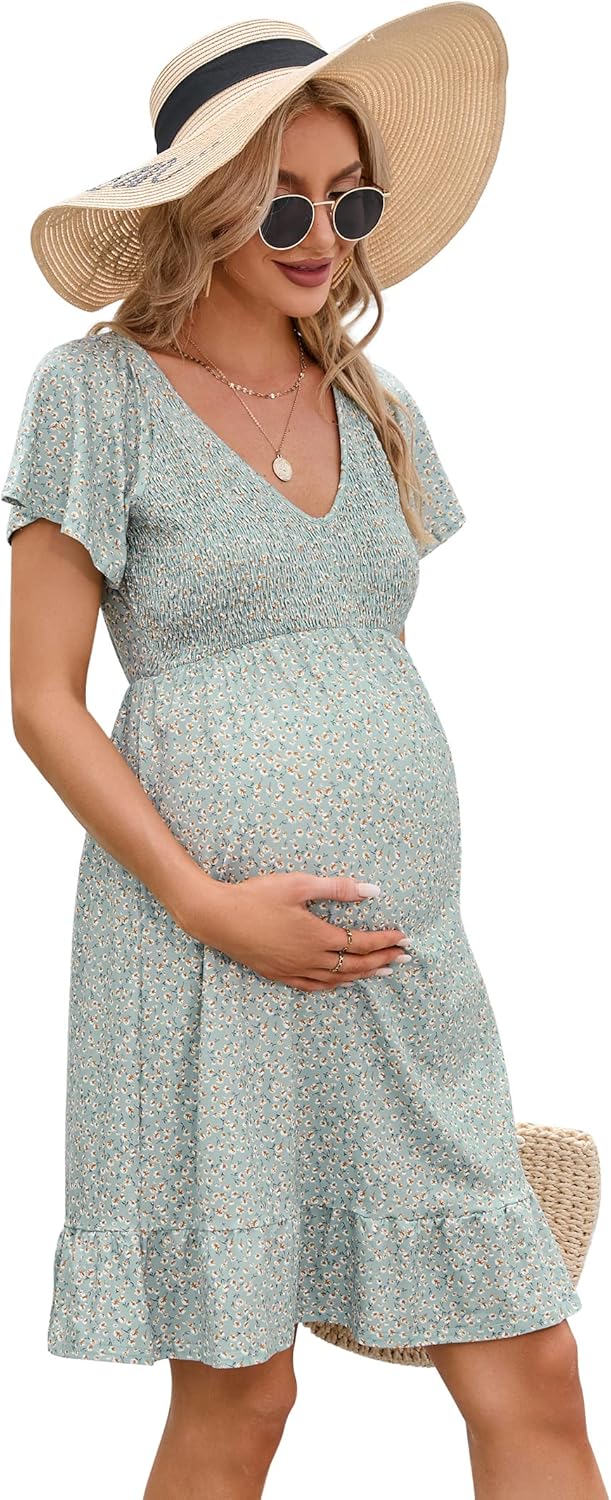 Coolmee Women's Maternity Short Sleeve Ruffle Dress for Summer