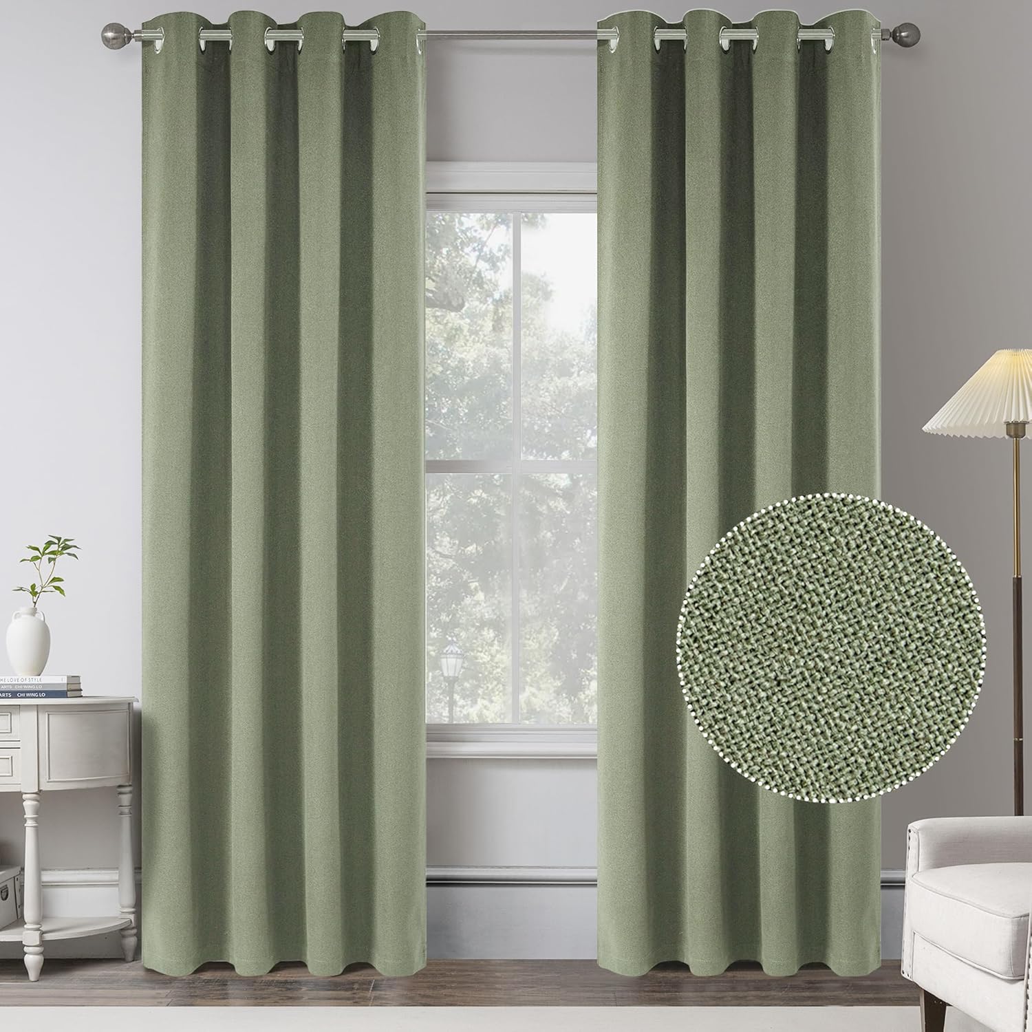 Sage Green 100% Blackout Linen Curtains for Bedroom and Living Room