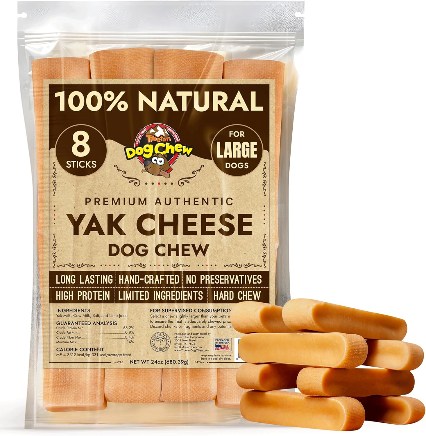 Tibetan Dog Chew Yak Cheese Sticks for Large Dogs - 8 Chews