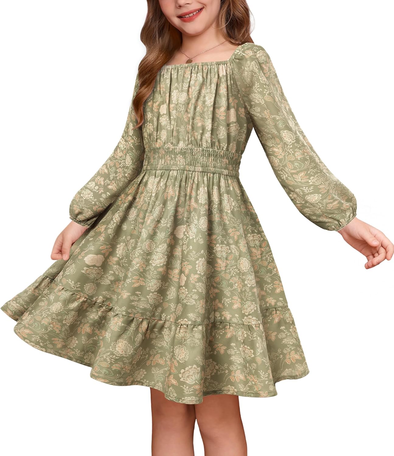 Floral Long Sleeve Midi Dress for Girls by GRACE KARIN 6-14Y