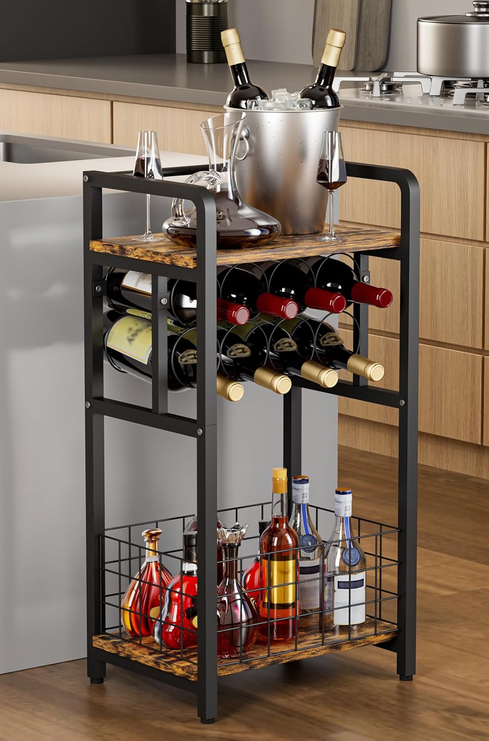 3-Tier Wine Rack Freestanding Floor with Wood Top for Small Spaces