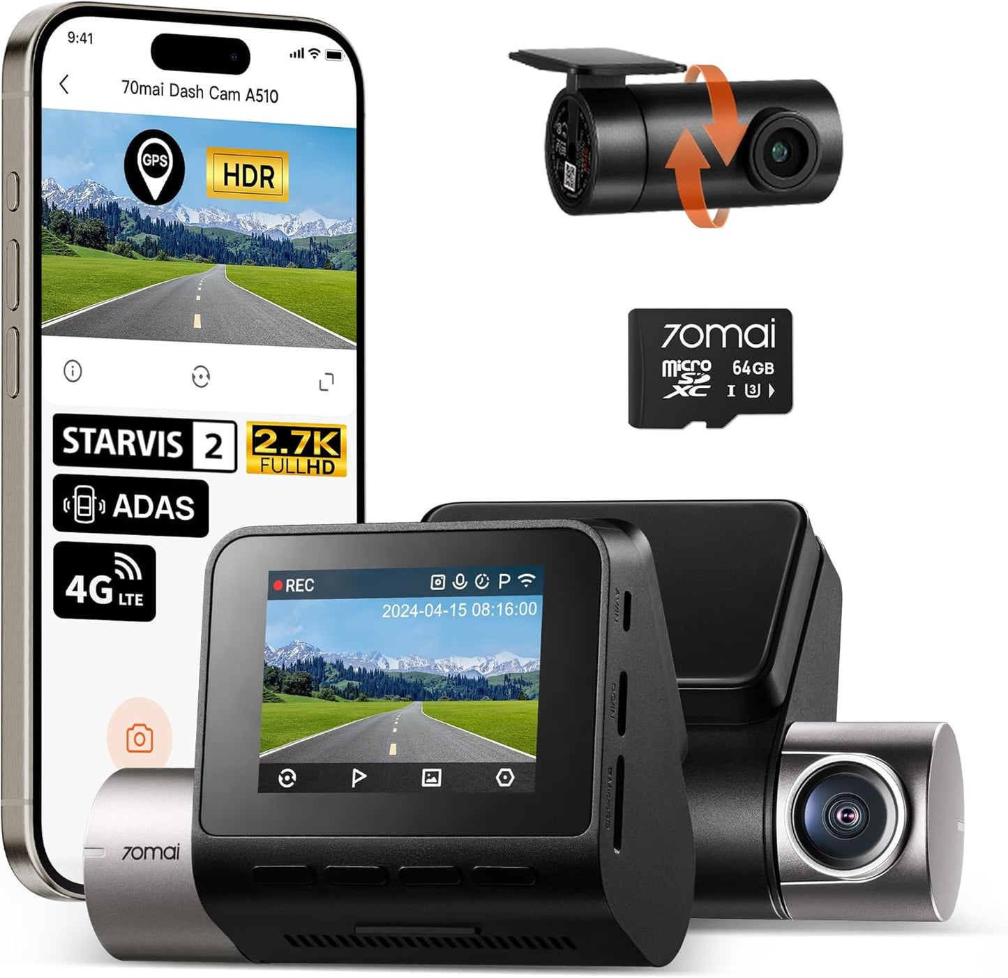 70mai Dash Cam A510: 1944P+1080P Front and Rear Recording