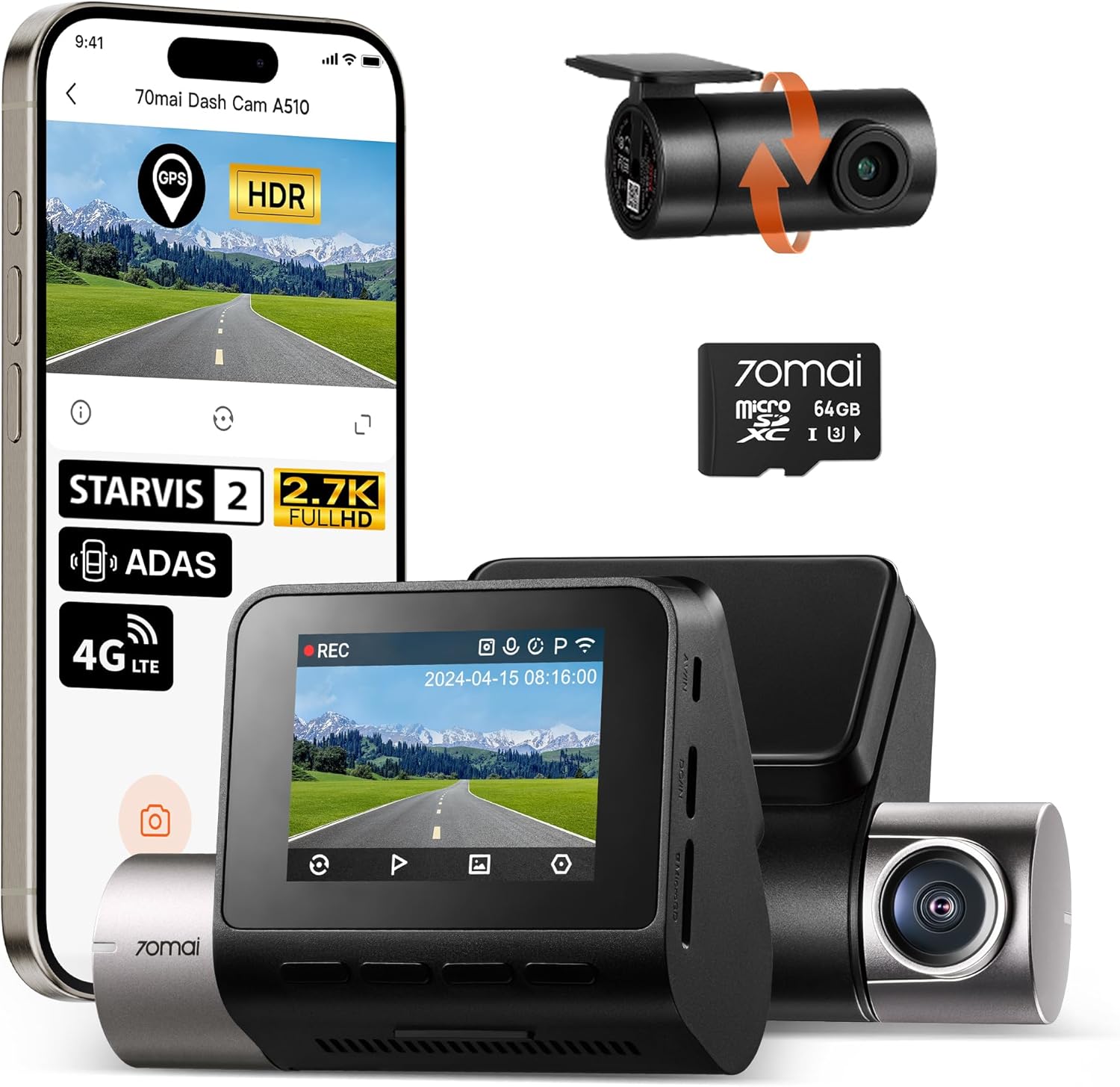70mai Dash Cam A510: 1944P+1080P Front and Rear Recording
