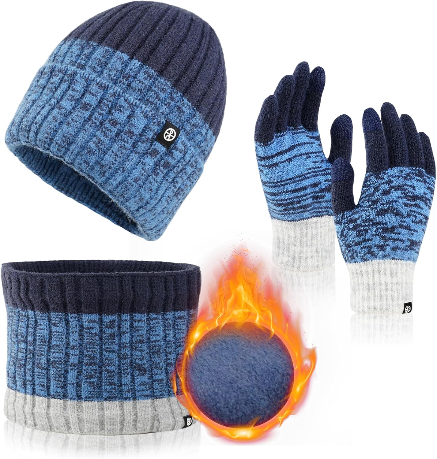 Mens Womens Winter Set, Touchscreen Gloves, Fleece Lined, Knit Skull Caps