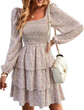 Long Sleeve Smocked Floral Swiss Dot Mini Dress - Flattering Fit BTFBM