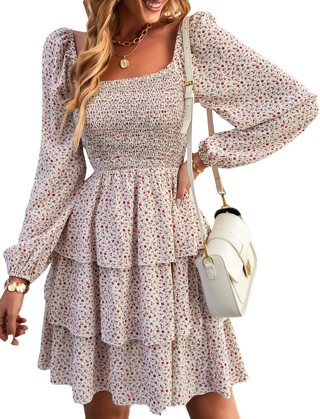 Womens Long Sleeve Dress Vacation Square Neck Smocked Floral Mini