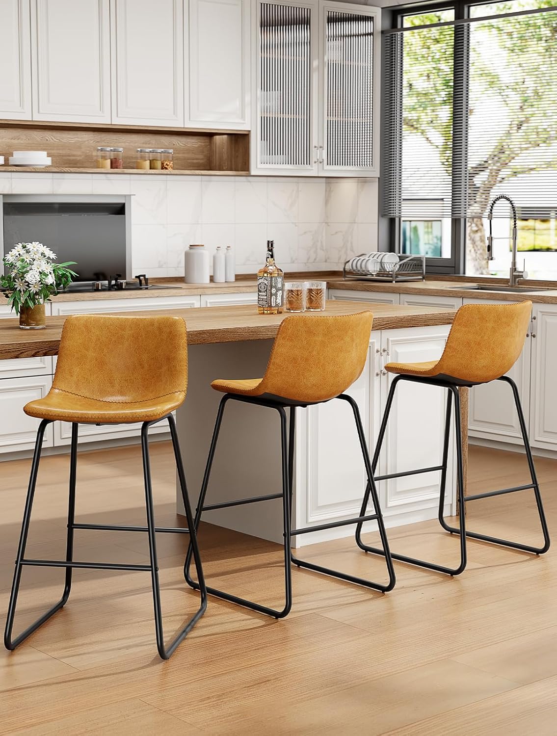 Modern Faux Leather Bar Stools Set of 3 for Kitchen Island