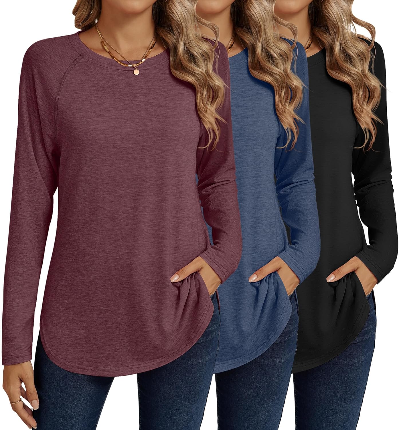 Ficerd Women's Long Sleeve T-Shirts with Curved Hem and Side Slits