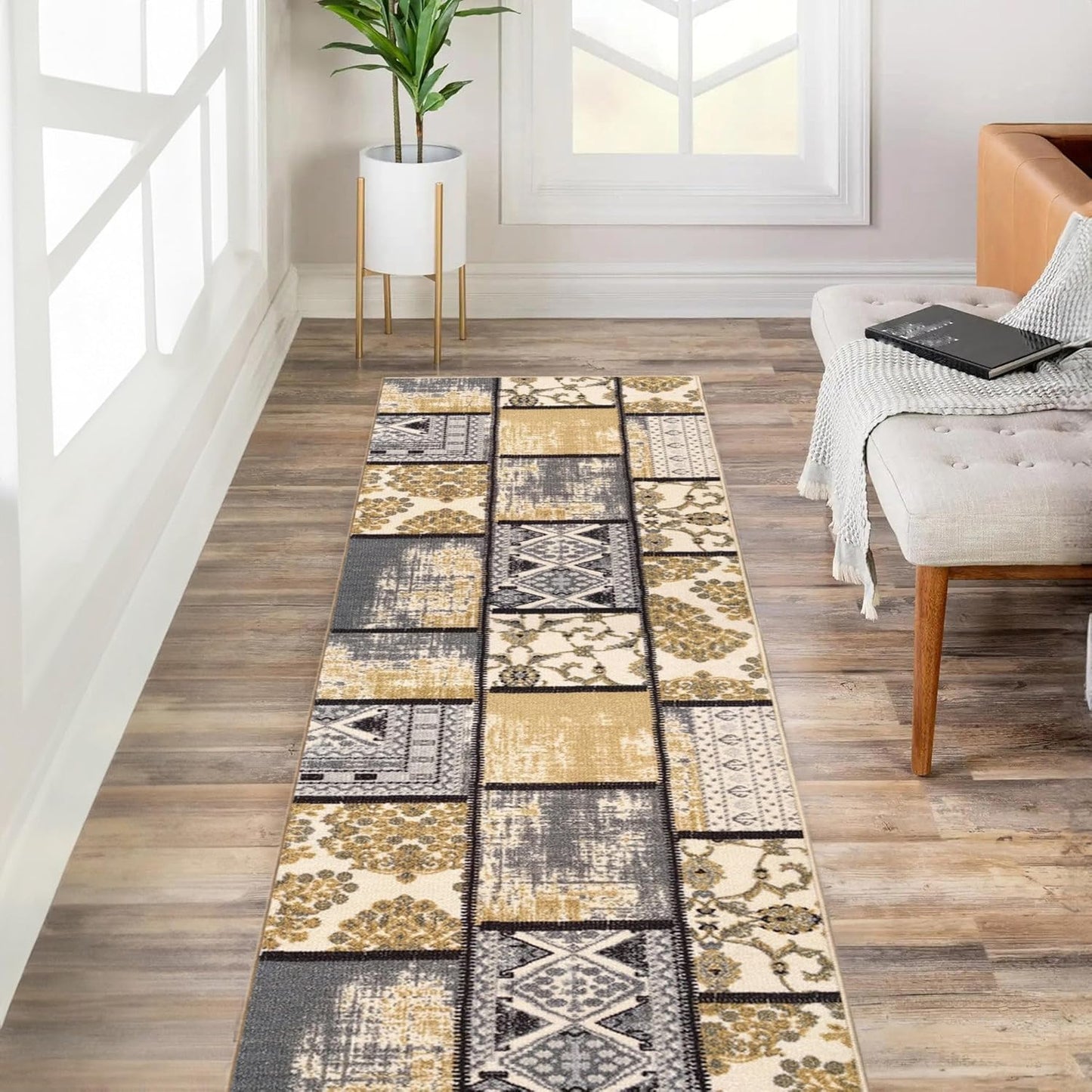 Custom Size Grey Ivory Fancy Patchwork Non-Slip Hallway Rug