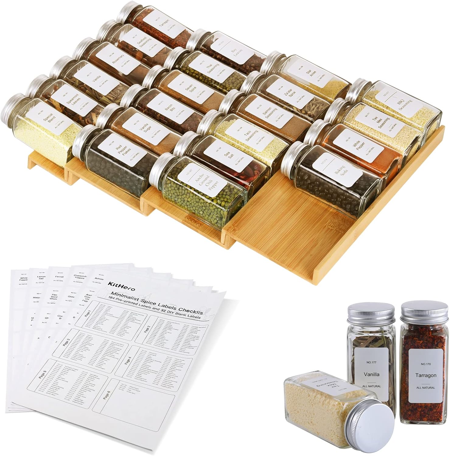 Spice Drawer Organizer with 20 Jars and 216 Labels for Kitchen