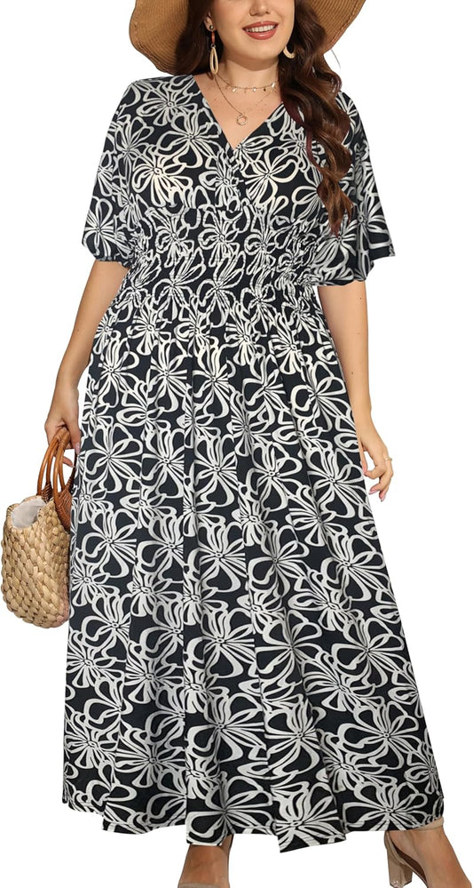 OSTOO Women's Plus Size Hawaii Floral Print Boho Maxi Dress