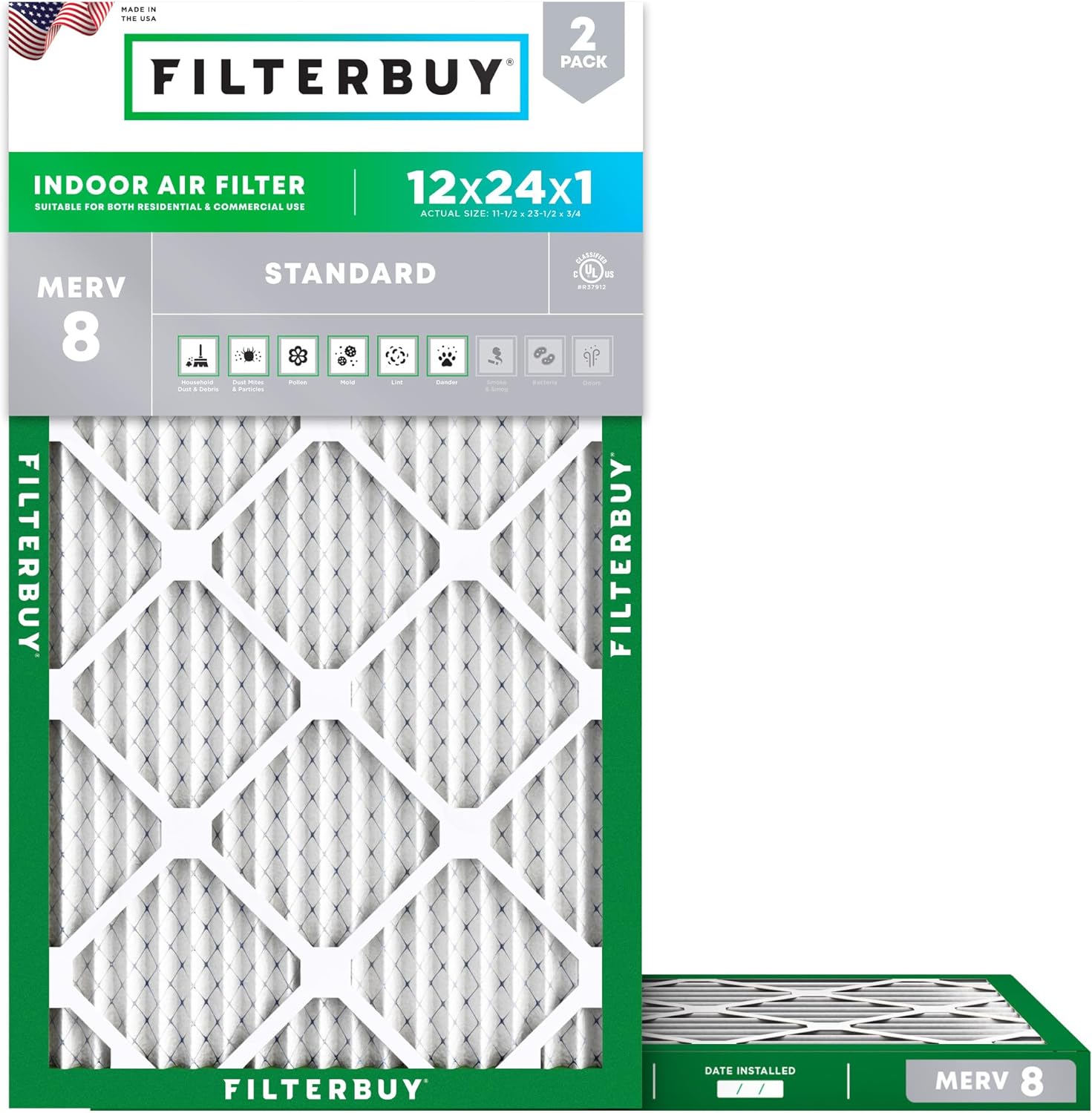 Filterbuy 12x24x1 MERV 8 Dust Defense Air Filters - 2 Pack