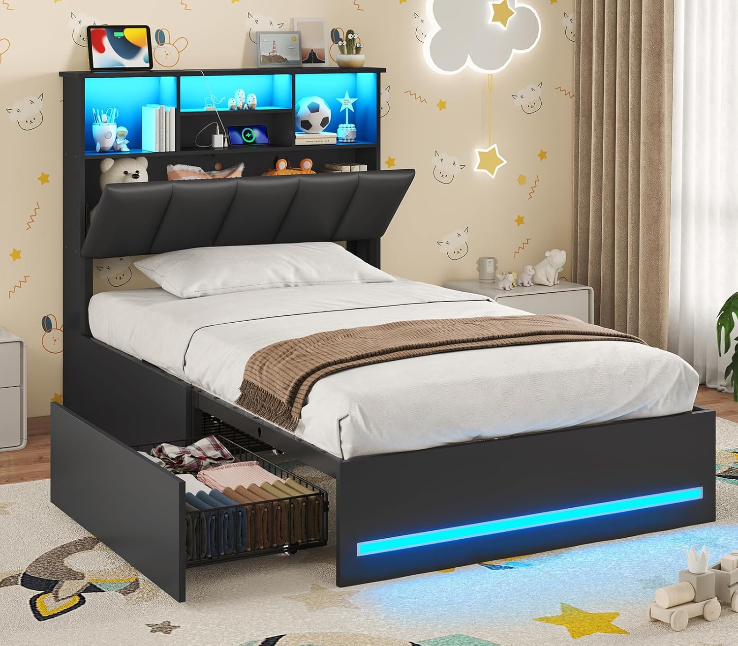 VIAGDO Twin Bed Frame with Bookcase Headboard and LED Lights