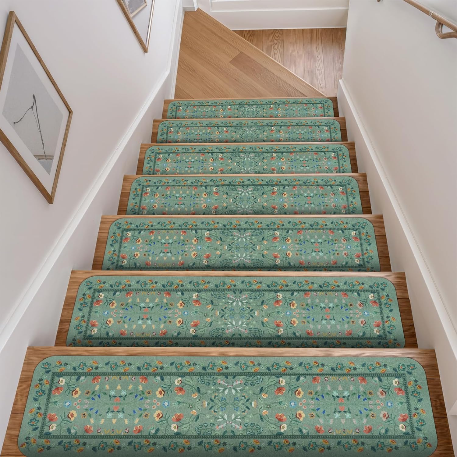 Non-Slip Floral Stair Treads for Wooden Steps - 15PCS Green