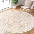 Washable Peachy Pink Round Rug 5ft - Low-Pile Medallion Vintage Circle