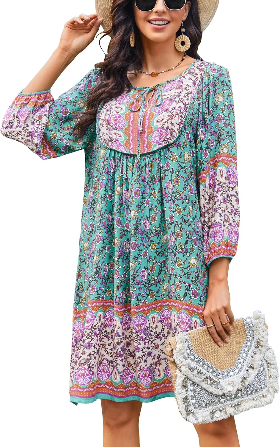 Bluetime Women Casual Summer Dress Boho V Neck Floral Print