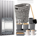 Grey Bathroom Accessories Set with Wicker Trash Can and Shower Curtain