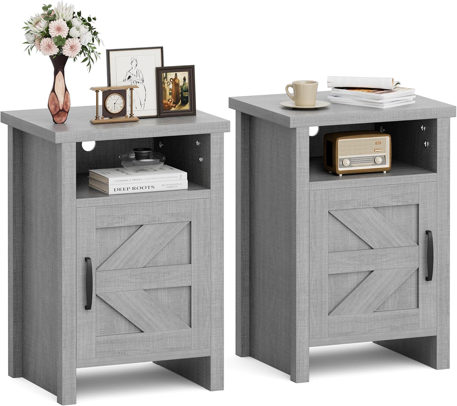 Farmhouse Nightstand Set of 2 with Barn Door and Shelf Design
