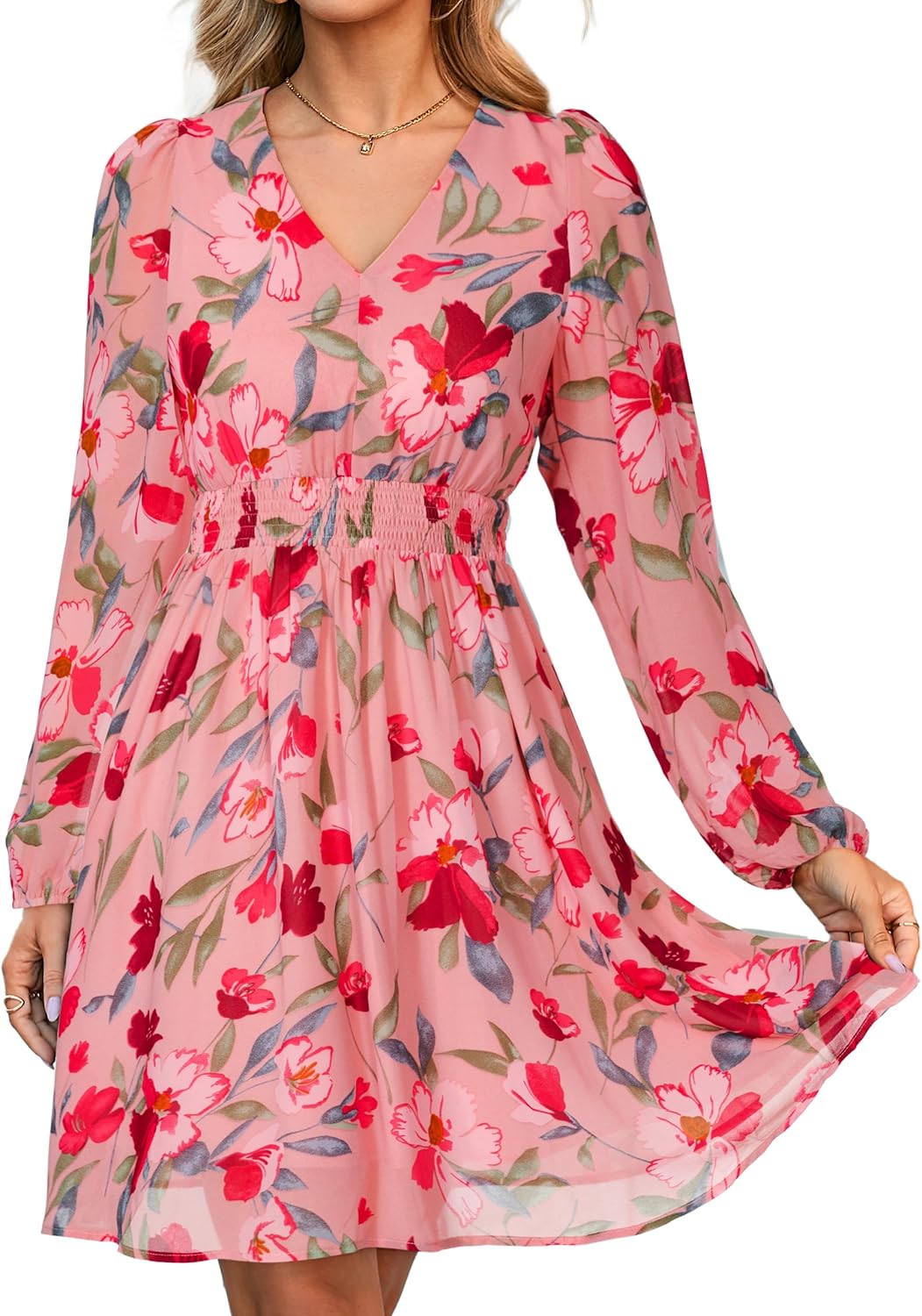 Simplee Womens Floral Mini Dress Long Sleeve Casual V Neck