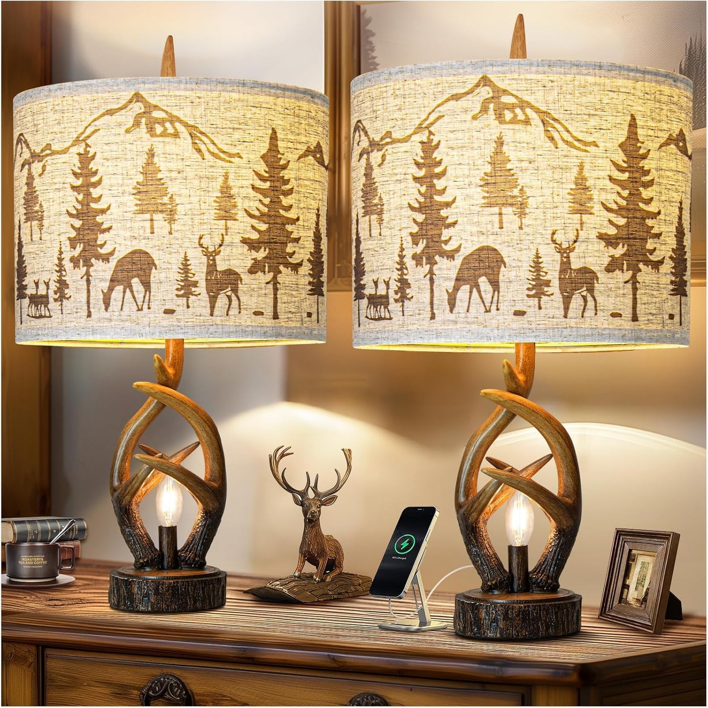 Farmhouse Deer Antler Table Lamp Set of 2 with USB Ports