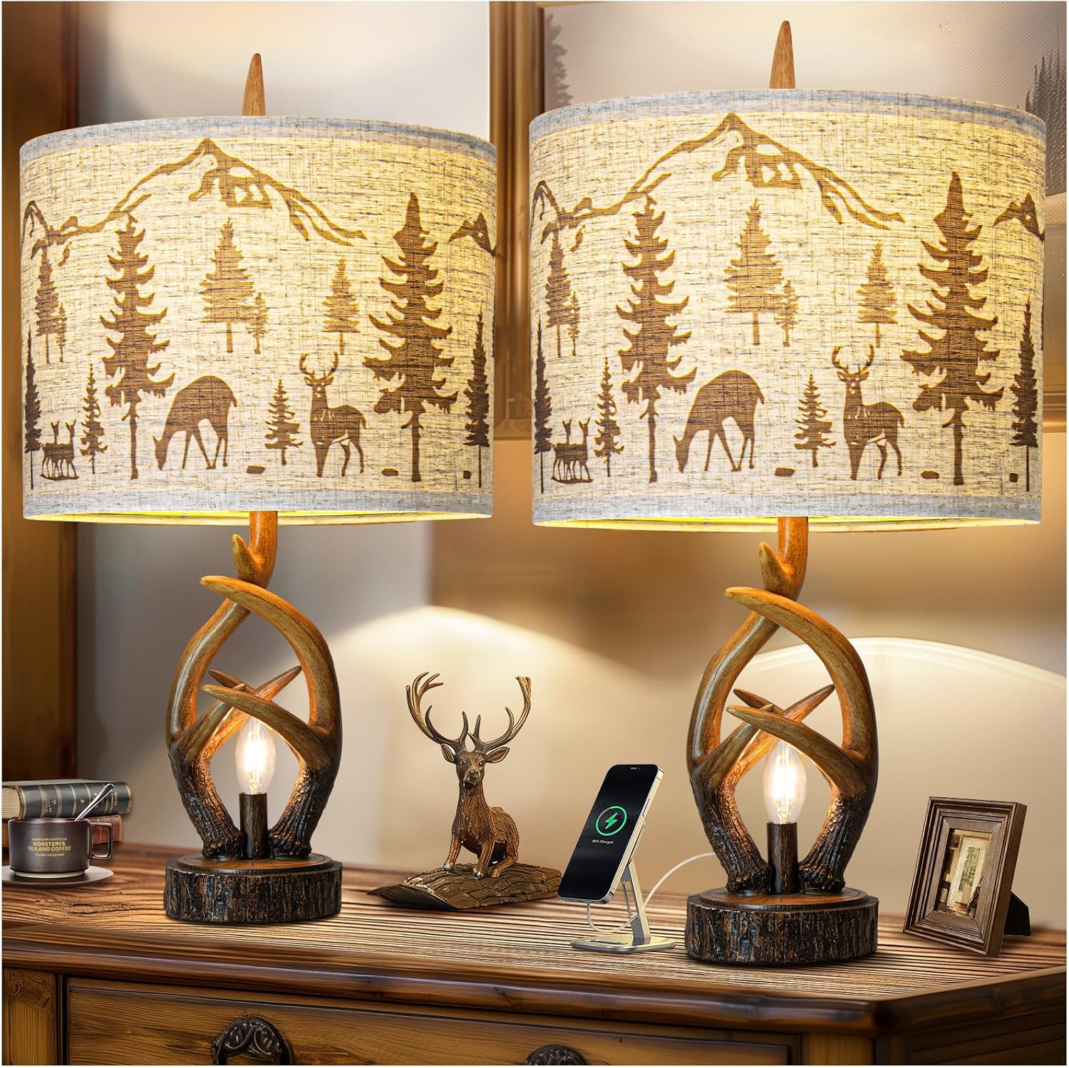 Farmhouse Deer Antler Table Lamp Set of 2 with USB Ports