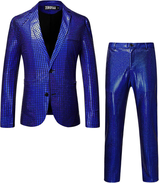 ZEROYAA Men's Metallic Shiny Suits for Disco and Parties