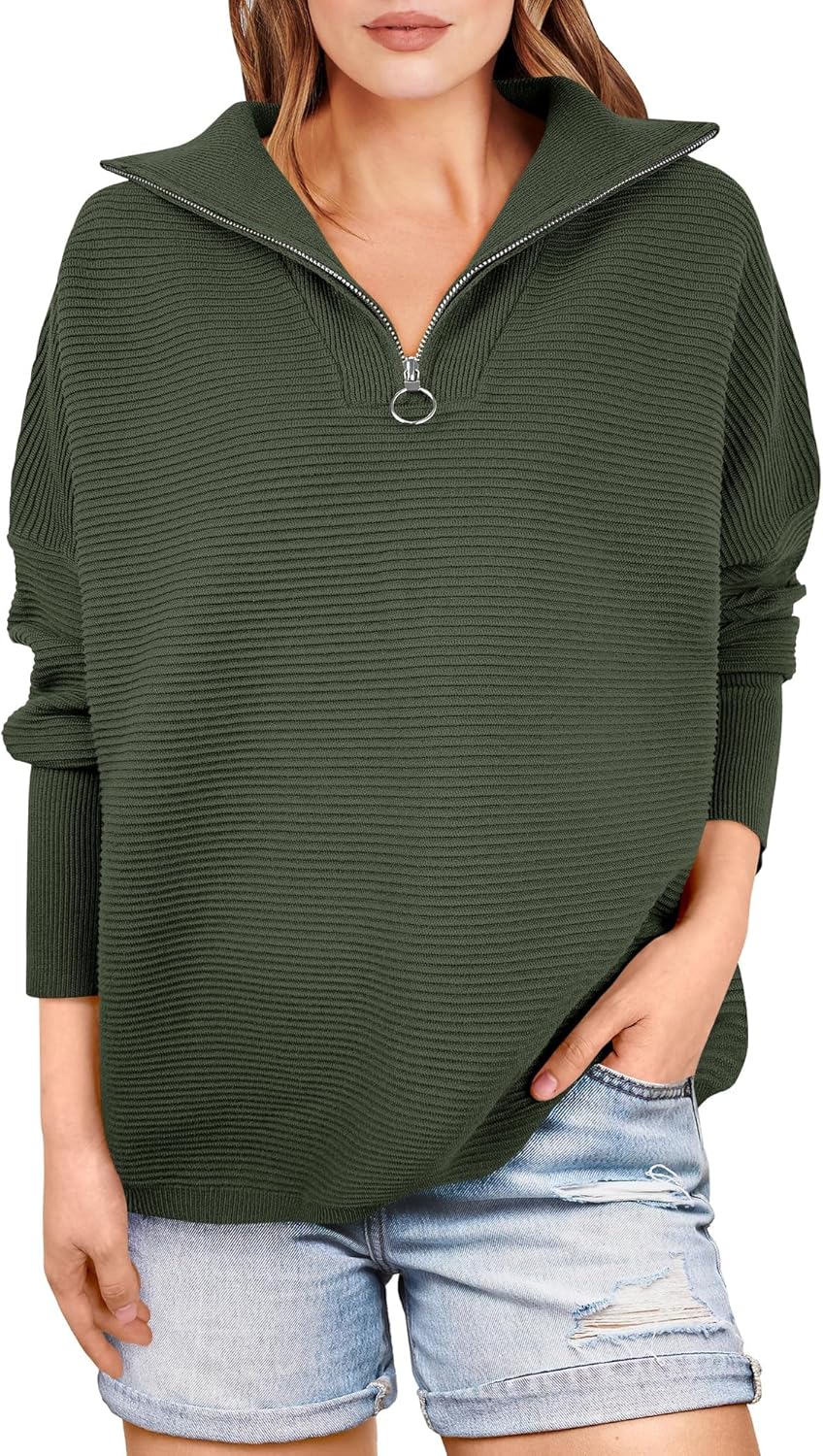 ANRABESS Women Quarter Zip Oversized Cozy Pullover Sweater