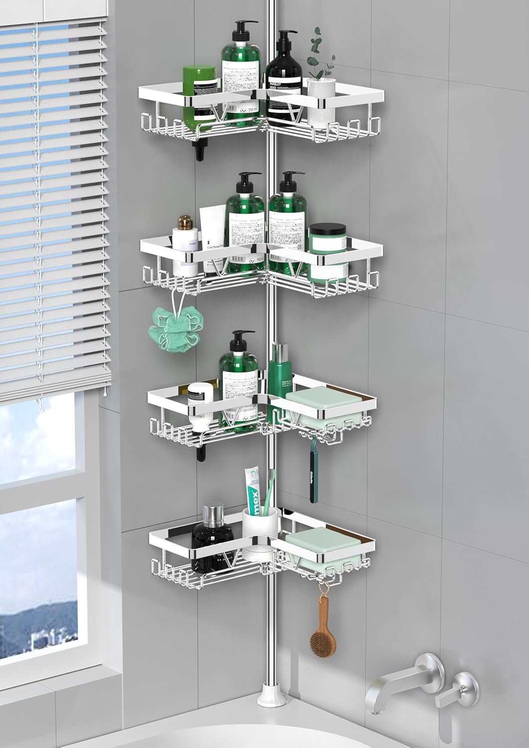 Corner Shower Caddy Tension Pole for Organized Bathroom Storage