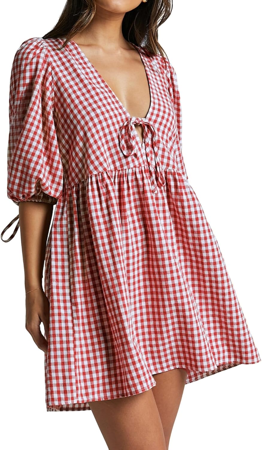 Women's Gingham Puff Sleeve Tie Front Mini Dress for Style