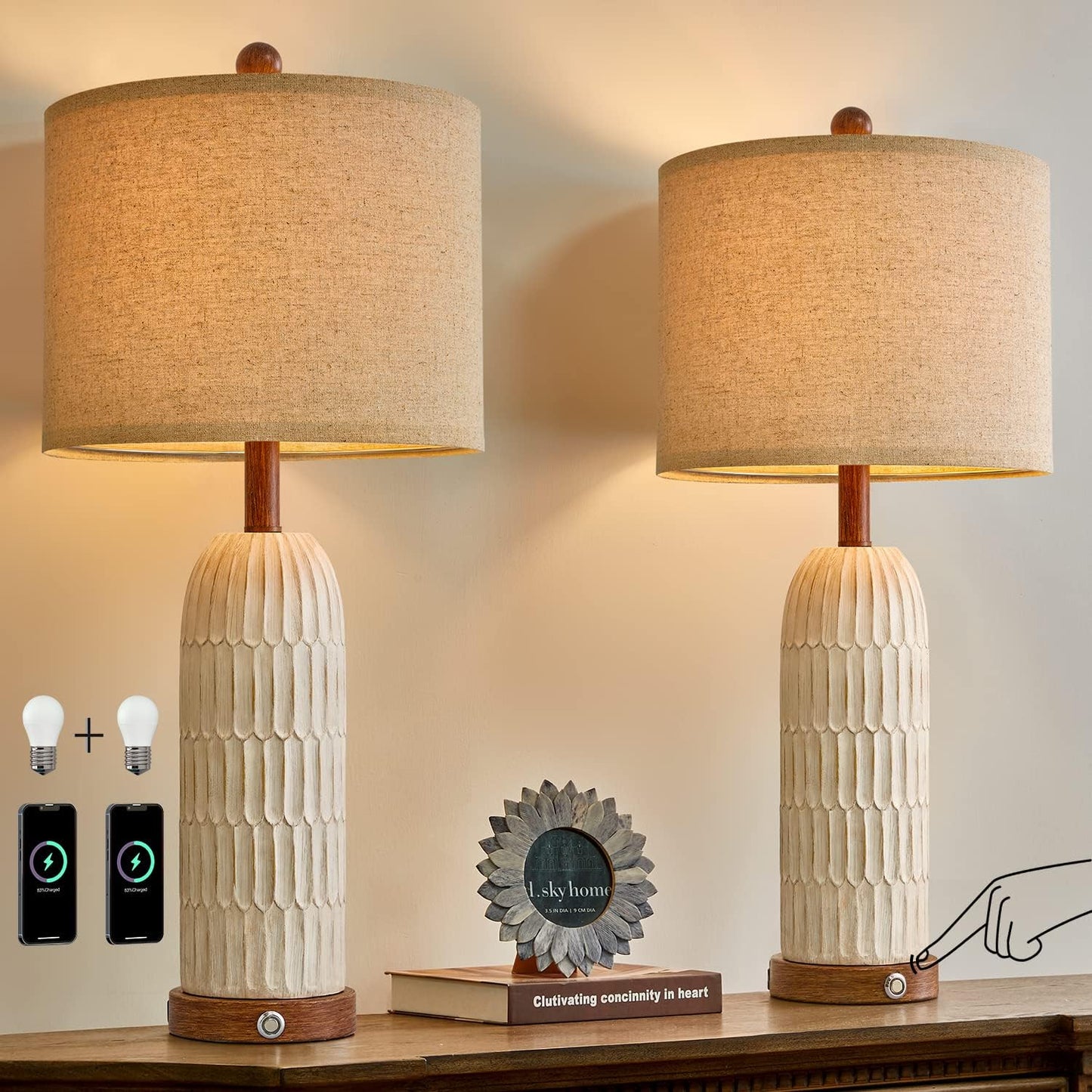 3-Way Dimmable Touch Control Table Lamp Set with USB Ports