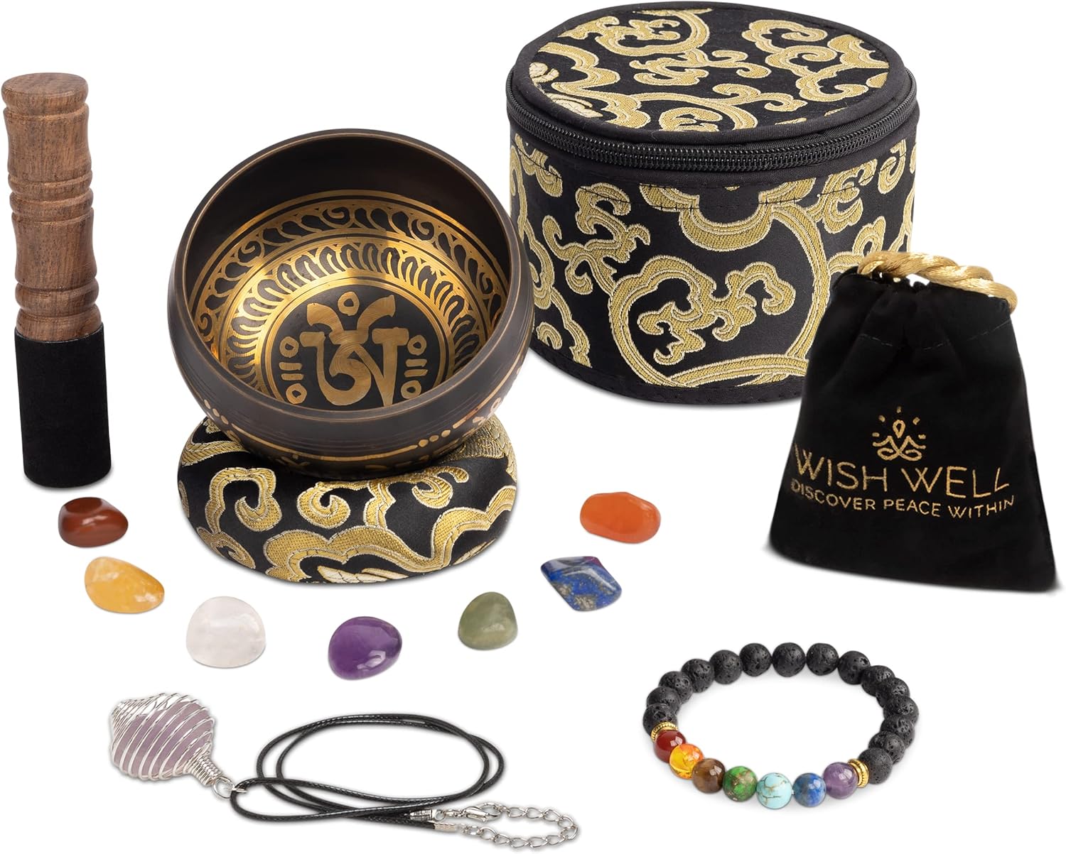 Tibetan Singing Bowl Set for Meditation with Chakra Stones