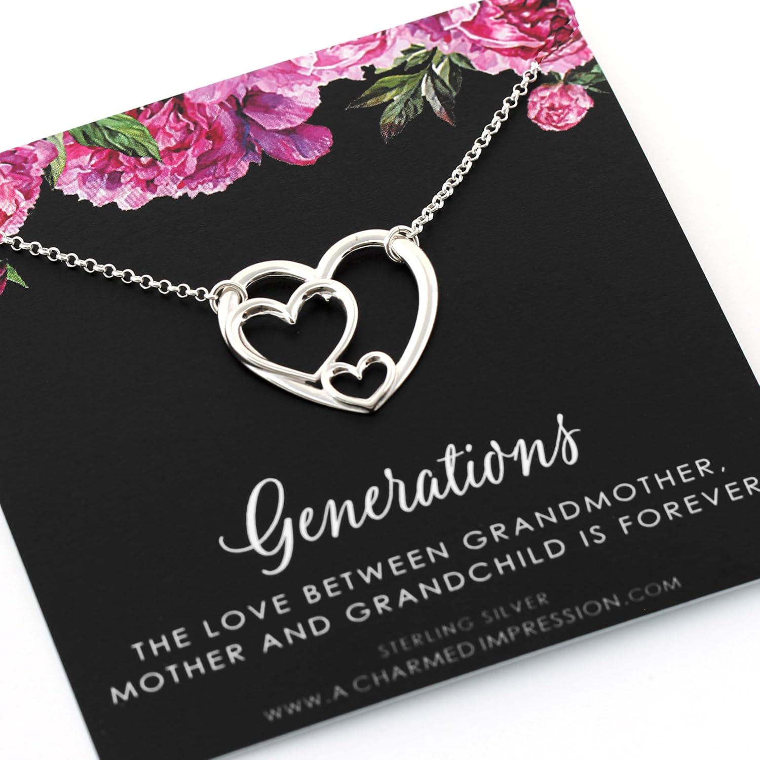 Sterling Silver Three Generations Heart Necklace for Family Love