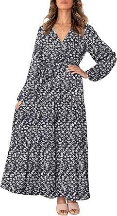 Boho Leopard Print Ruffle Long Sleeve V Neck Maxi Dress
