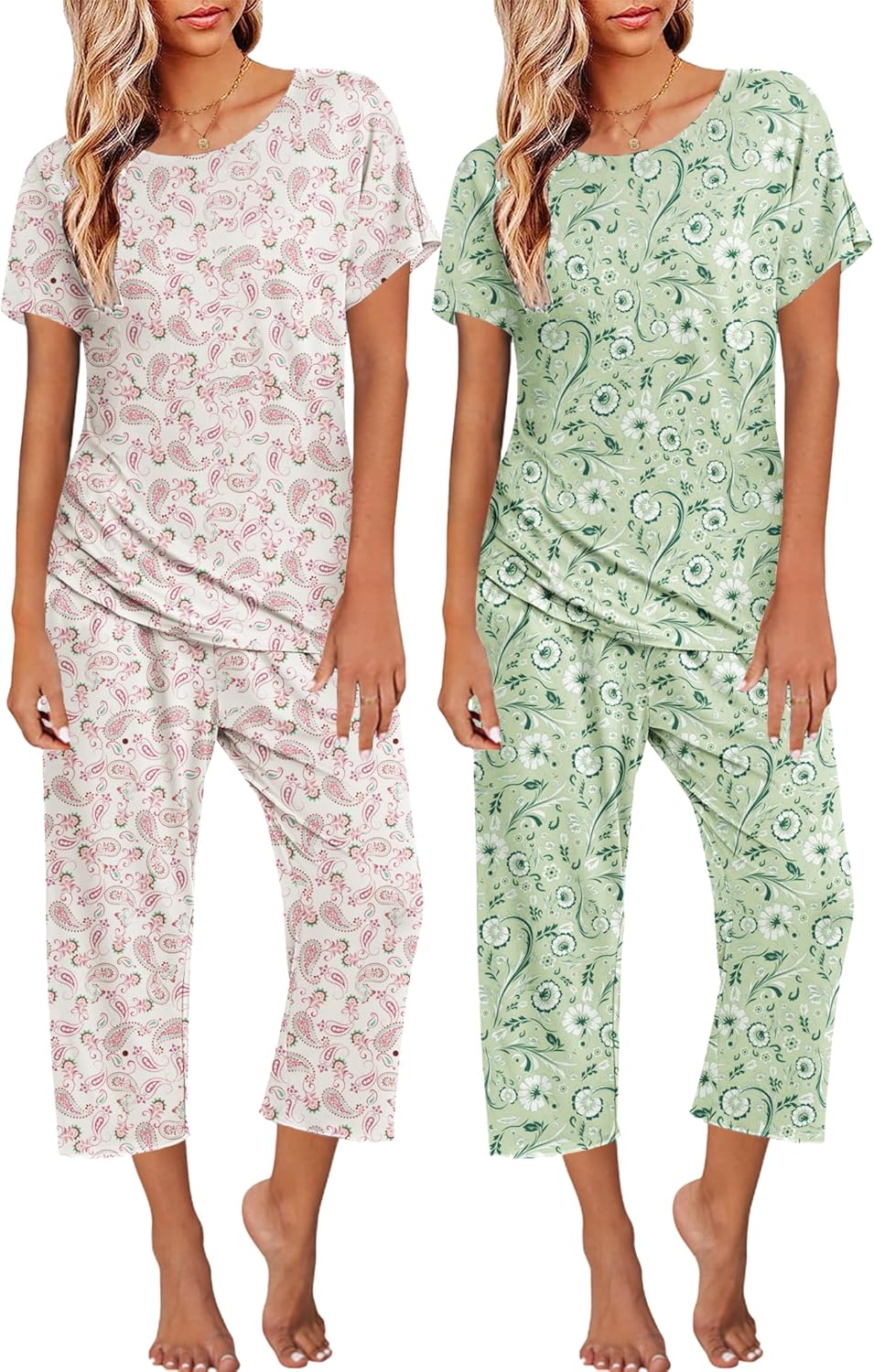 Ekouaer 2 Pack Womens Pajamas Short Sleeve Sleepwear Set