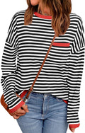 Womens Striped Soft Knit Pullover Sweater with Chest Pocket - Cozy