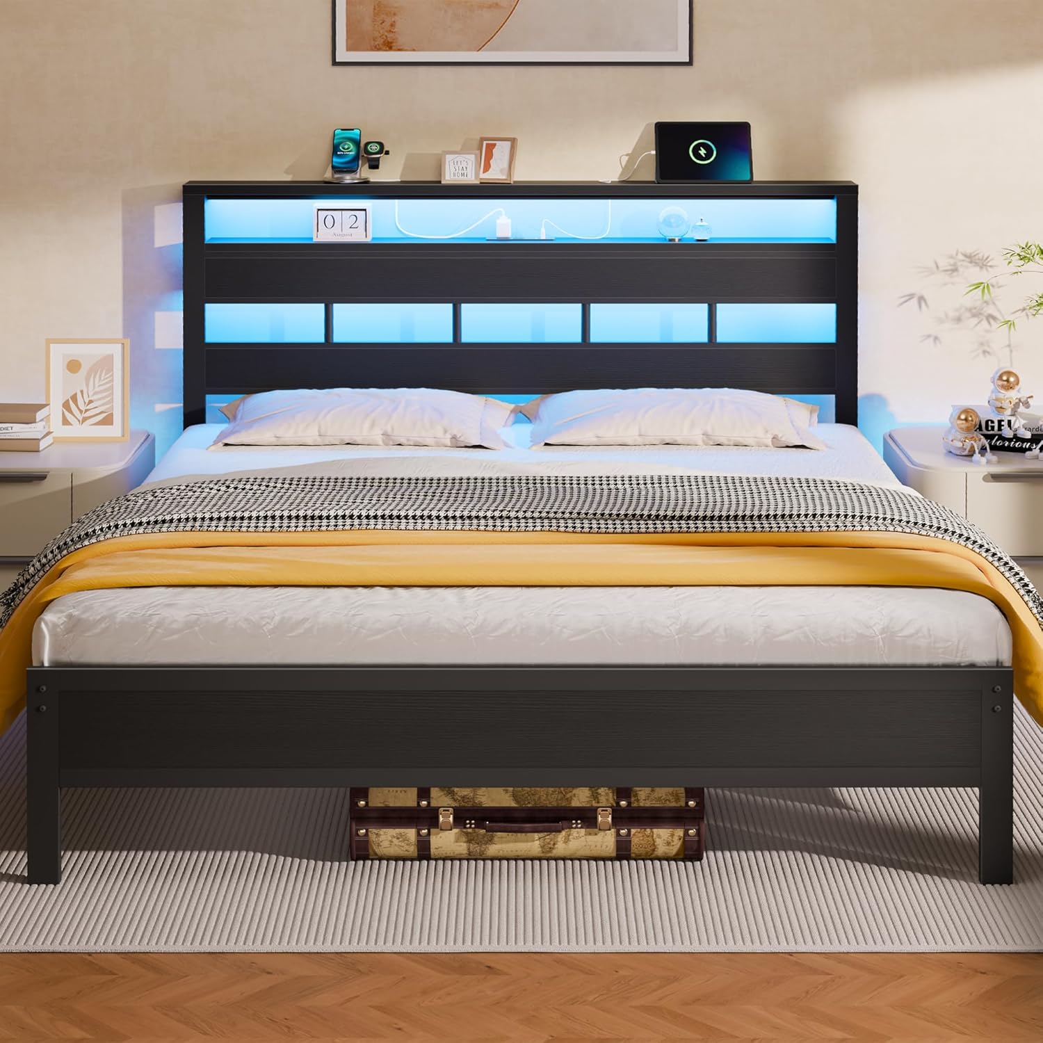 Furnulem Queen Bed Frame with Storage and LED Lights Features