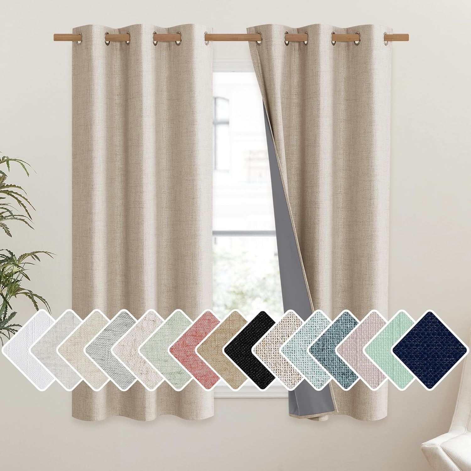 NICETOWN Cream 100% Blackout Linen Curtains for Dining Room