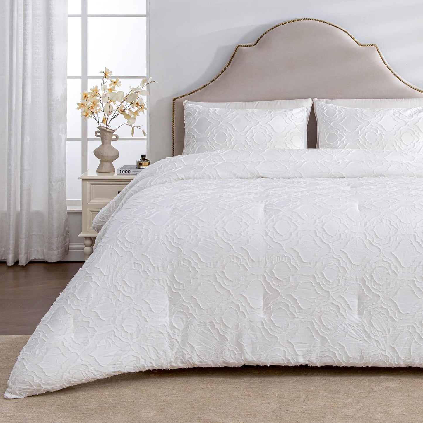 Andency White Floral Tufted Comforter Set Queen for Cozy Bedrooms