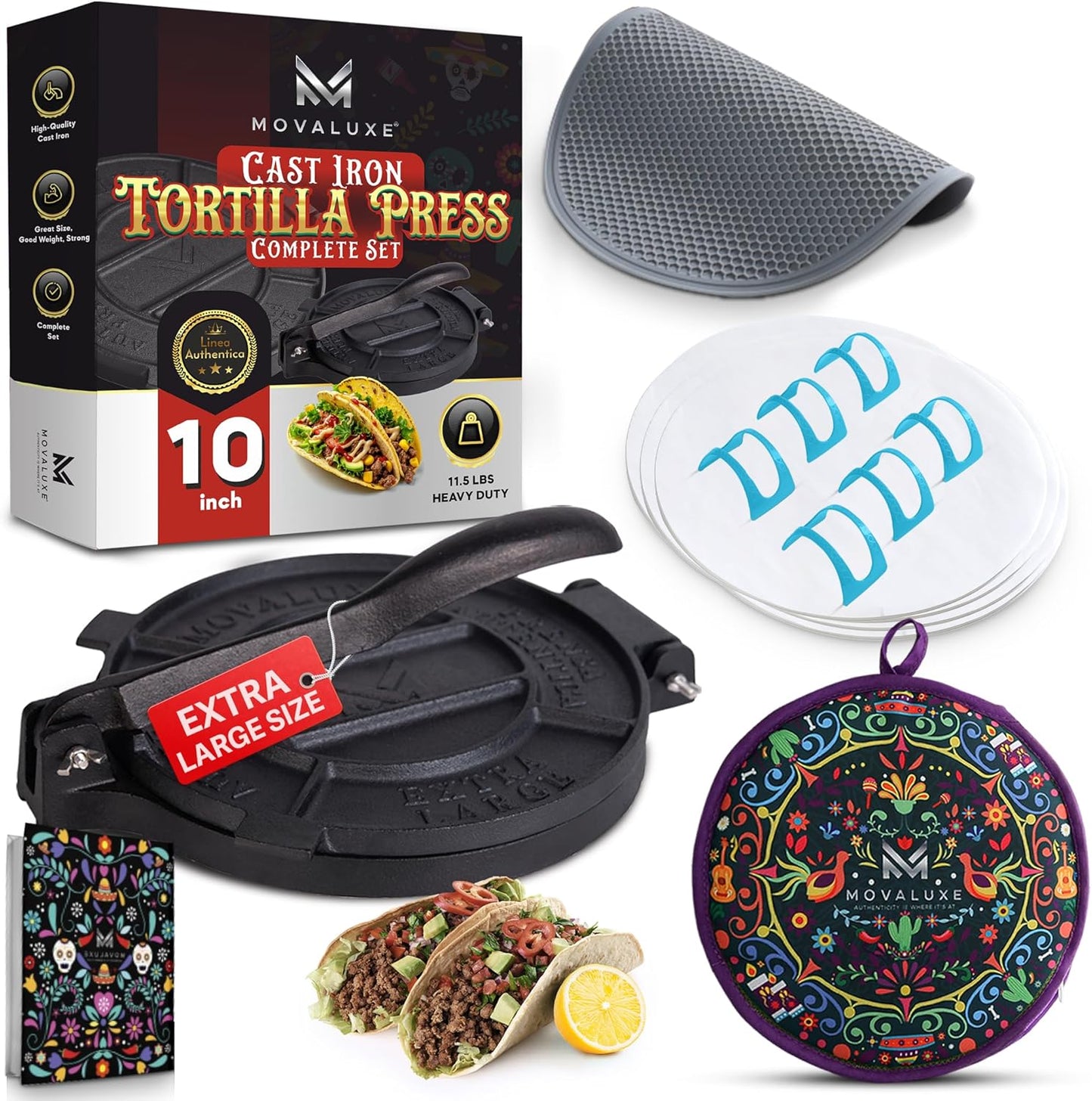 Movaluxe Tortilla Press 10 Inch Cast Iron Maker Set with Accessories