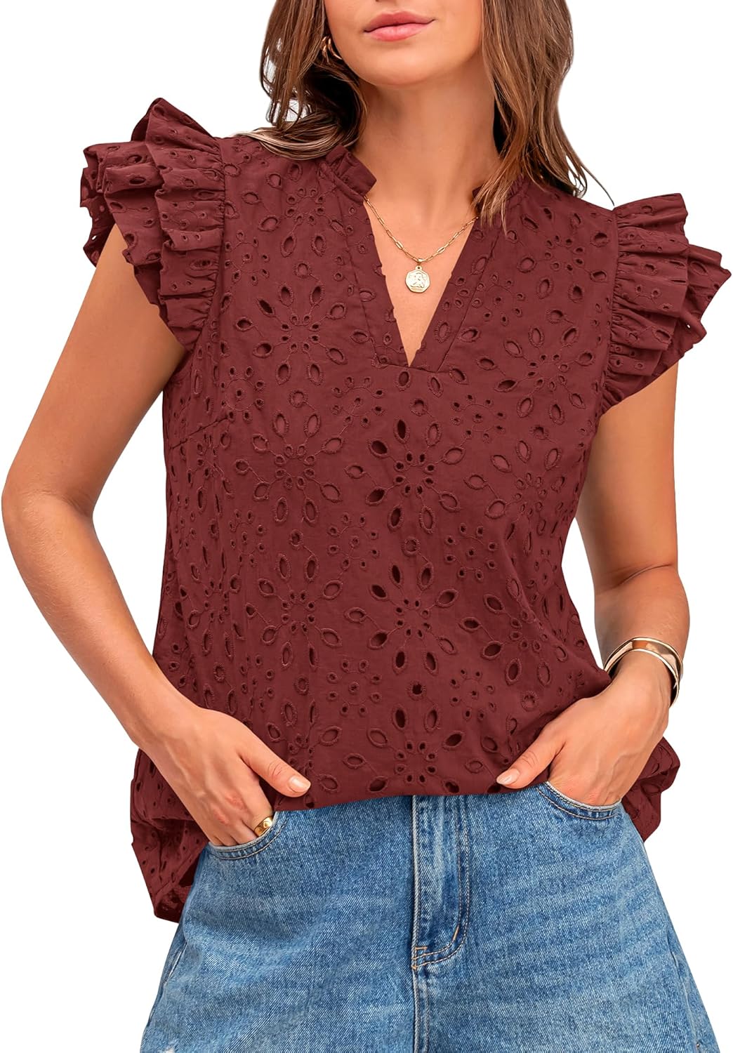 BTFBM Women Summer Eyelet Tops for Dressy Casual Outfits