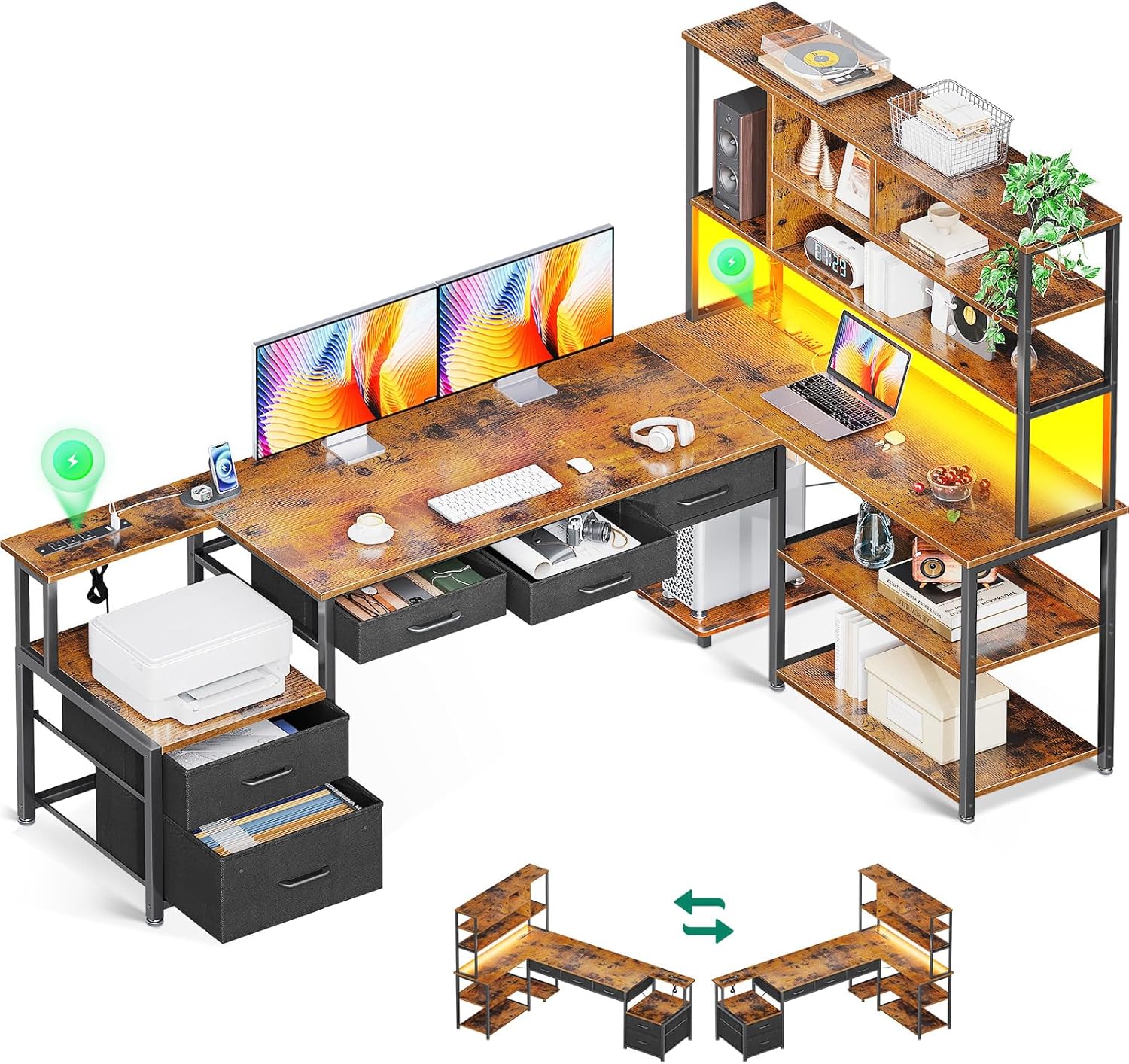 79 L-Shaped Gaming Desk with File Drawers & Power Outlets