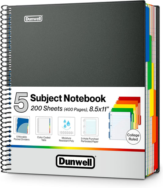 Dunwell 5-Subject Notebook: 400 Pages, Movable Dividers